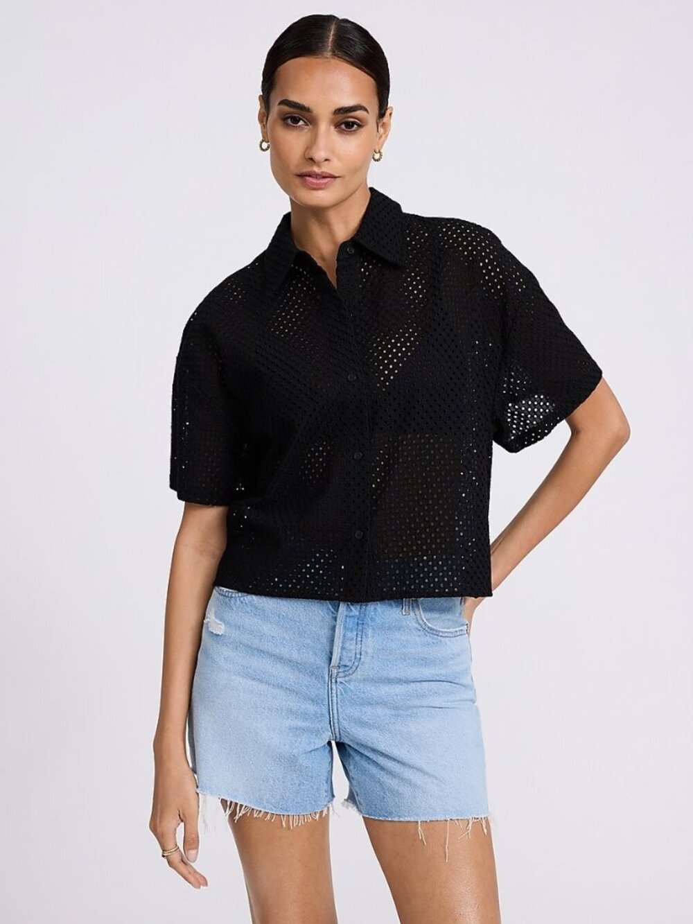 🖤 NWT Express Black Eyelet Short Sleeve Cropped Shirt XL